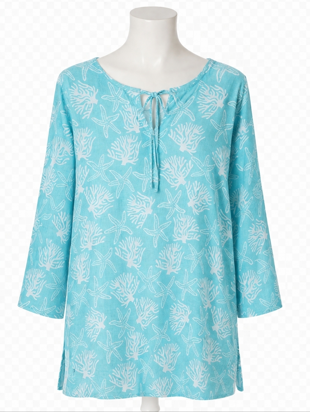 Seafoam Blue Starfish & Coral Print Tie-Neck Tunic Sz Small 100% Cotton